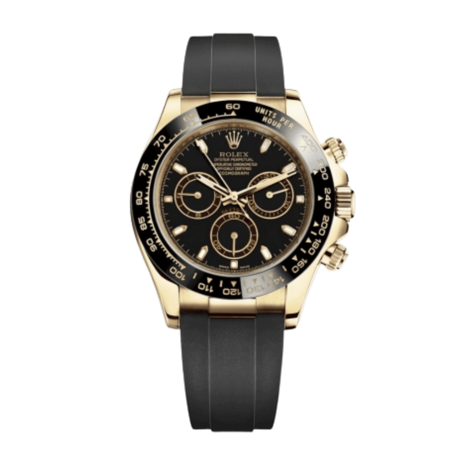 2fe8f40473c12a319d7d2eca6881cbe9.png Daytona Yellow Gold Oysterflex Black Dial 40mm - Image 1