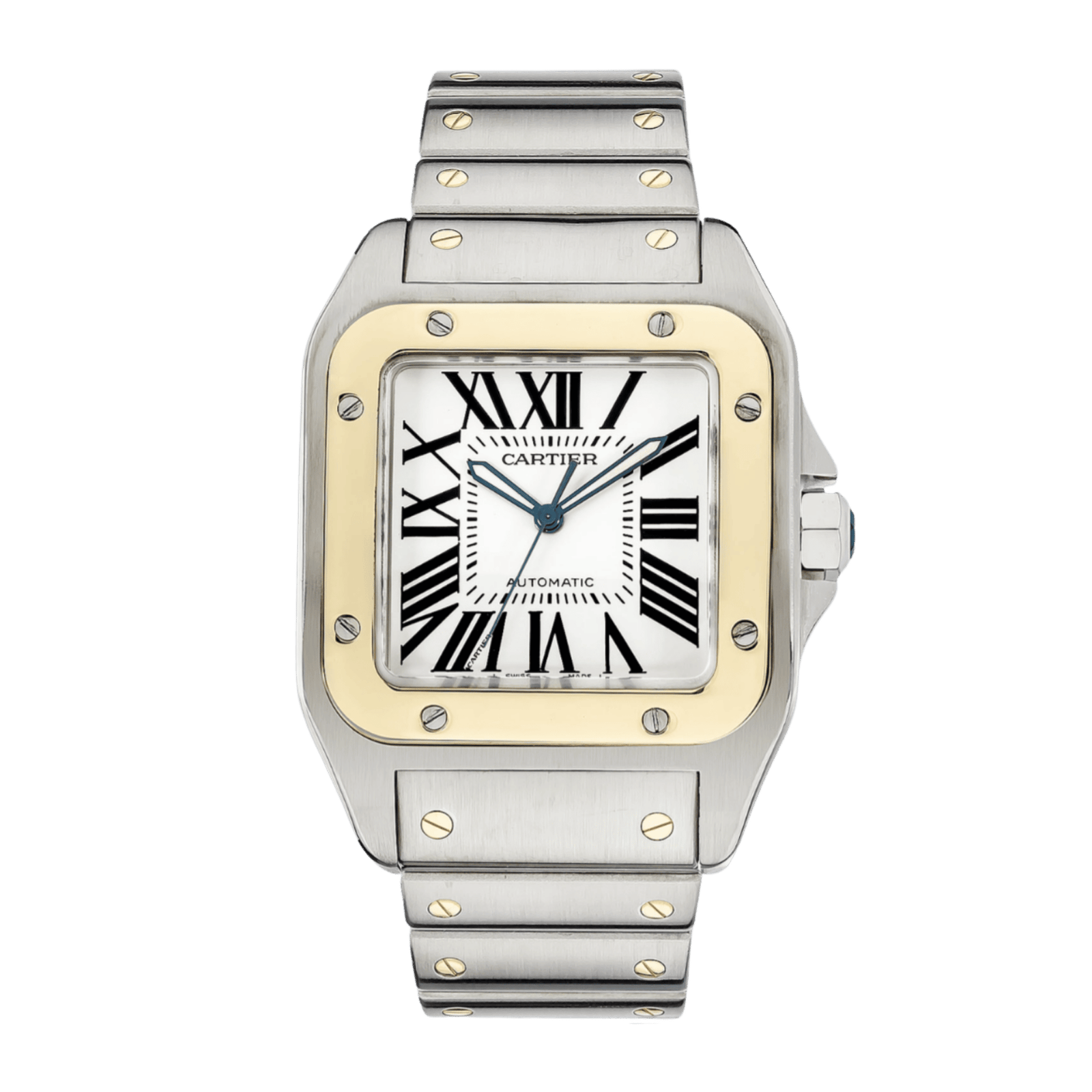 6ab7063ed86a2fbfc20c01f3b4618fcc.png Santos 100 Yellow Gold & Steel Silver Dial 38mm - Image 1