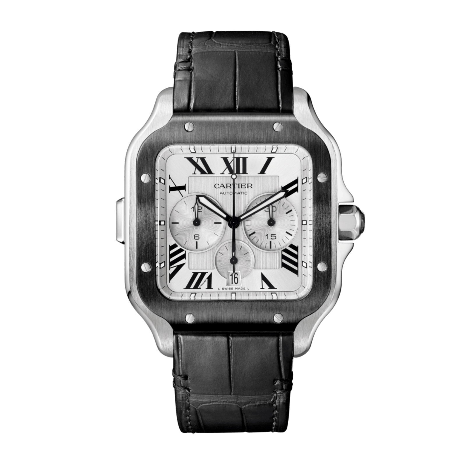 84ae244dcd78f34ad79ca037902eb2b2.png Santos de Cartier Chronograph Steel Silver Dial 43mm - Image 1