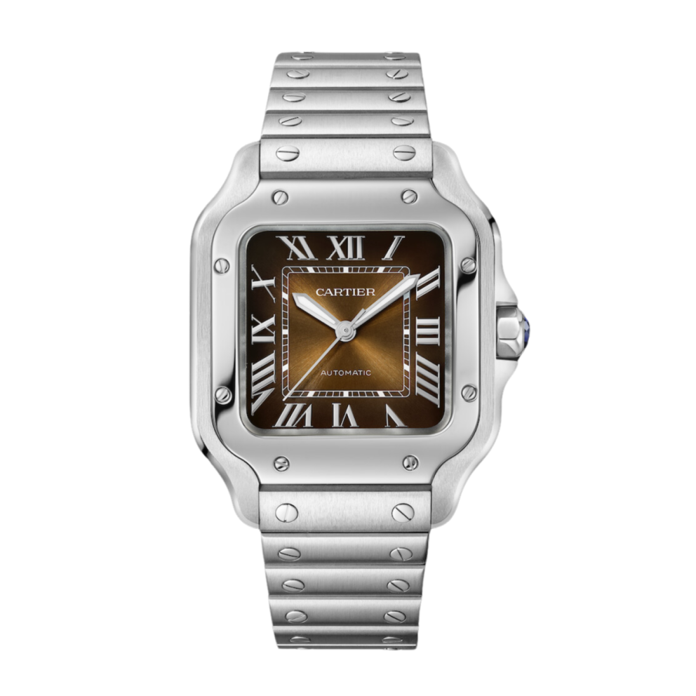 8ee4ac8f907e30bbb6d95de80d004909.webp Santos de Cartier Steel Brown Dial 35mm - Image 1