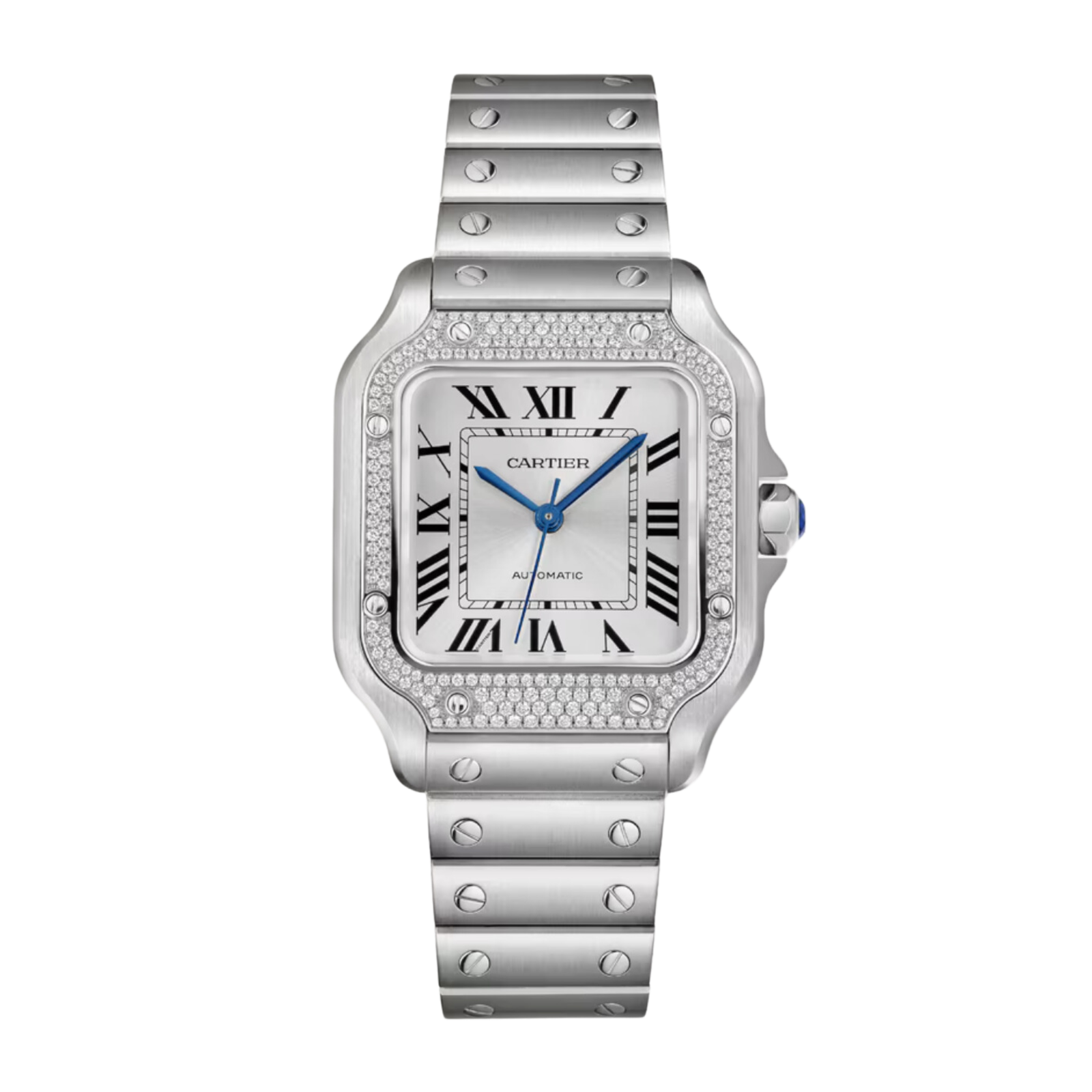 92e0608214331b6030758ef149488712.png Santos de Cartier Steel Diamond Silver Dial 35mm - Image 1
