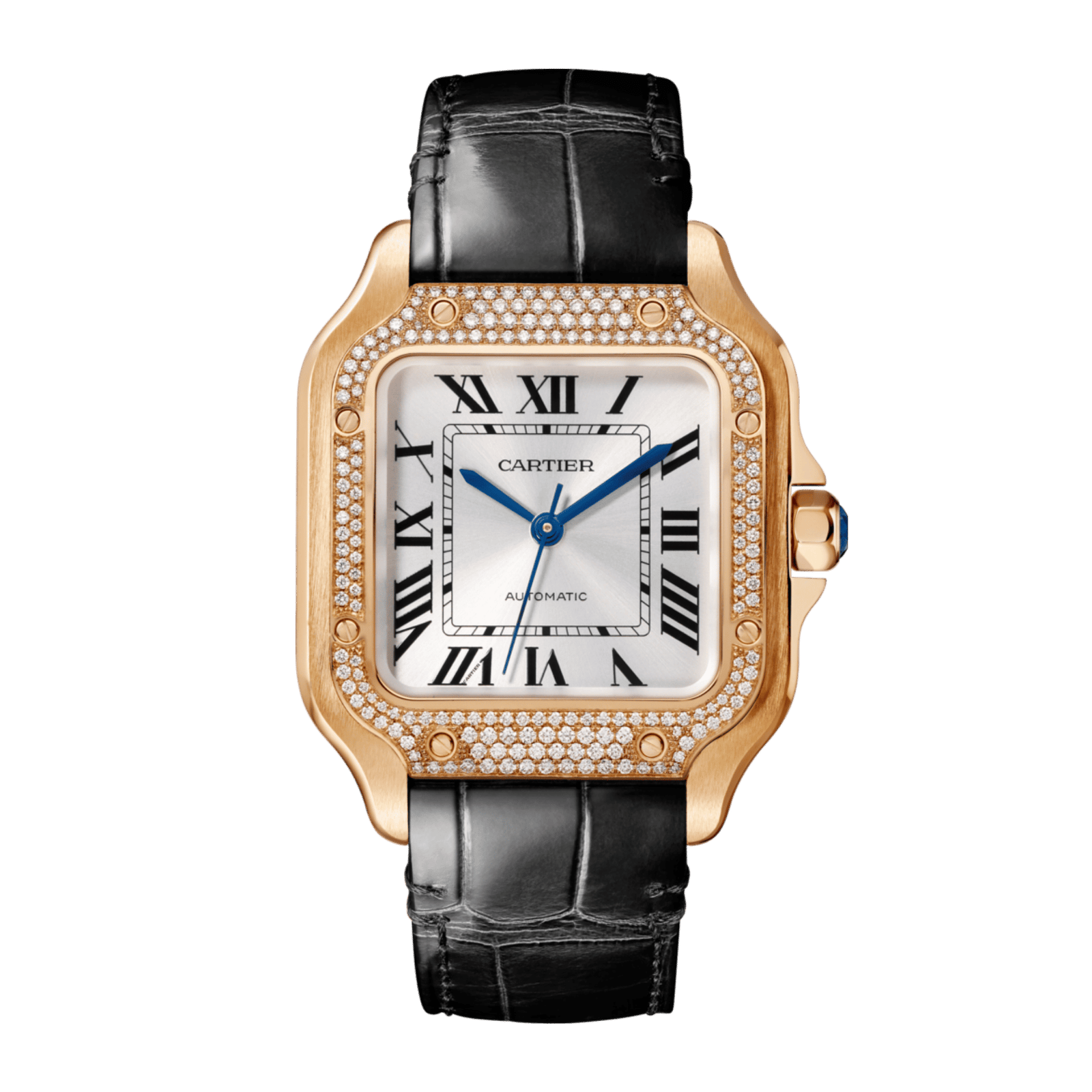 940c82f04141a75ea42bc3e0ddc35097.png Santos de Cartier Rose Gold Diamond Silver Dial 35mm - Image 1