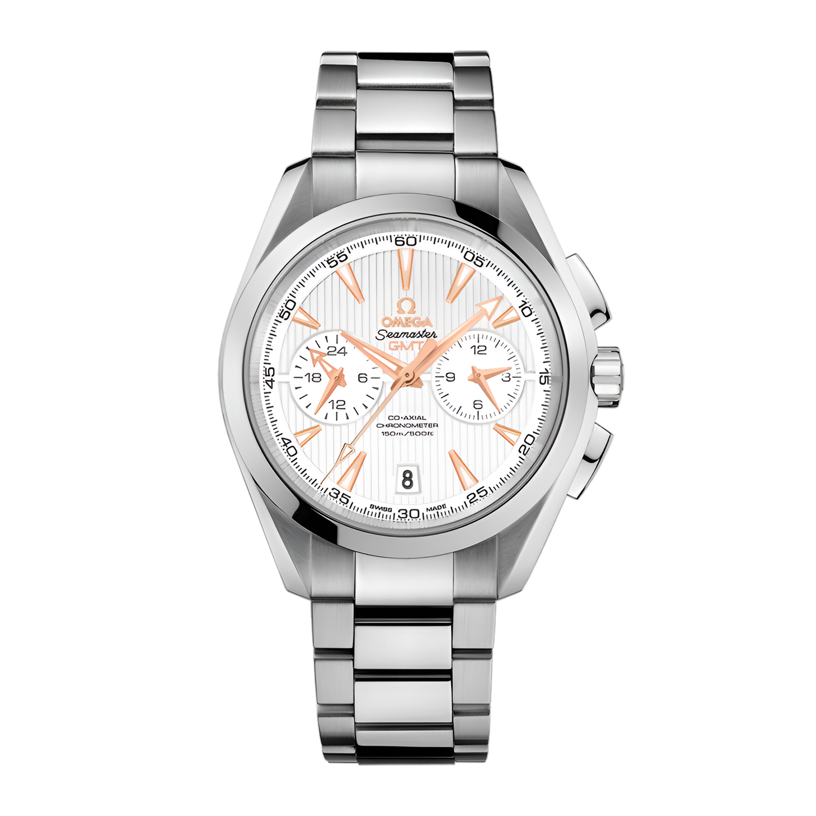 9844453ff24d07083a96dba86a11a8cb.png Aqua Terra GMT Chronograph Steel Silver Dial 43mm - Image 1