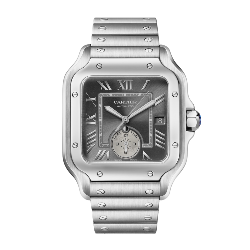 98b35d29db26084f97cdf8f7404ee642.webp Santos de Cartier Dual Time Steel Grey Dial 40mm - Image 1
