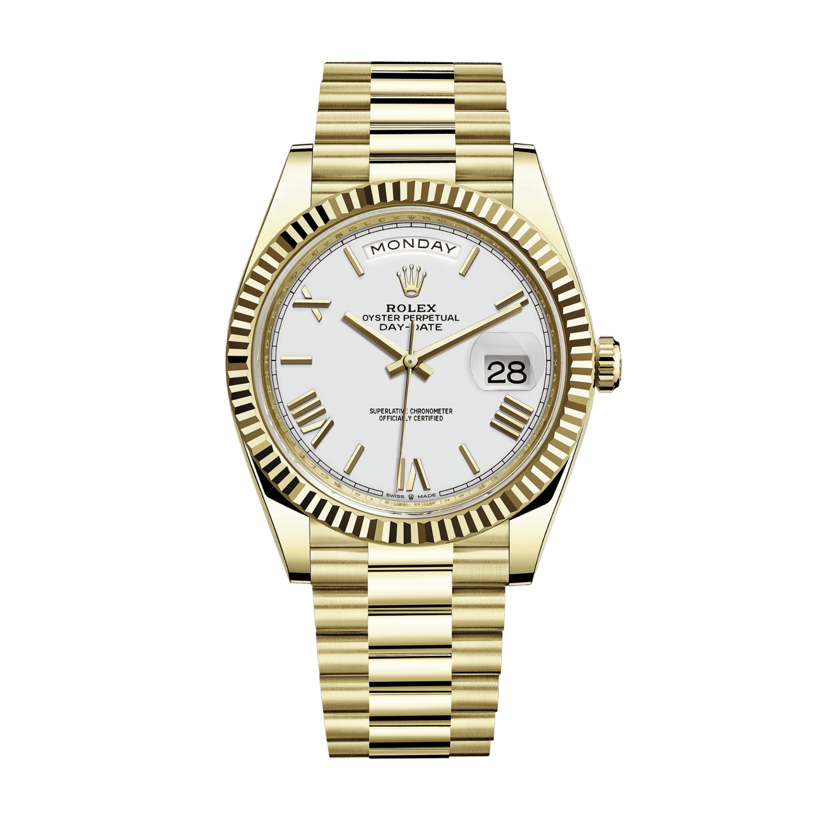 9aed15bf80c47e39ab9cbccf4564a6ff.png Day-Date Yellow Gold White Dial 40mm - Image 1