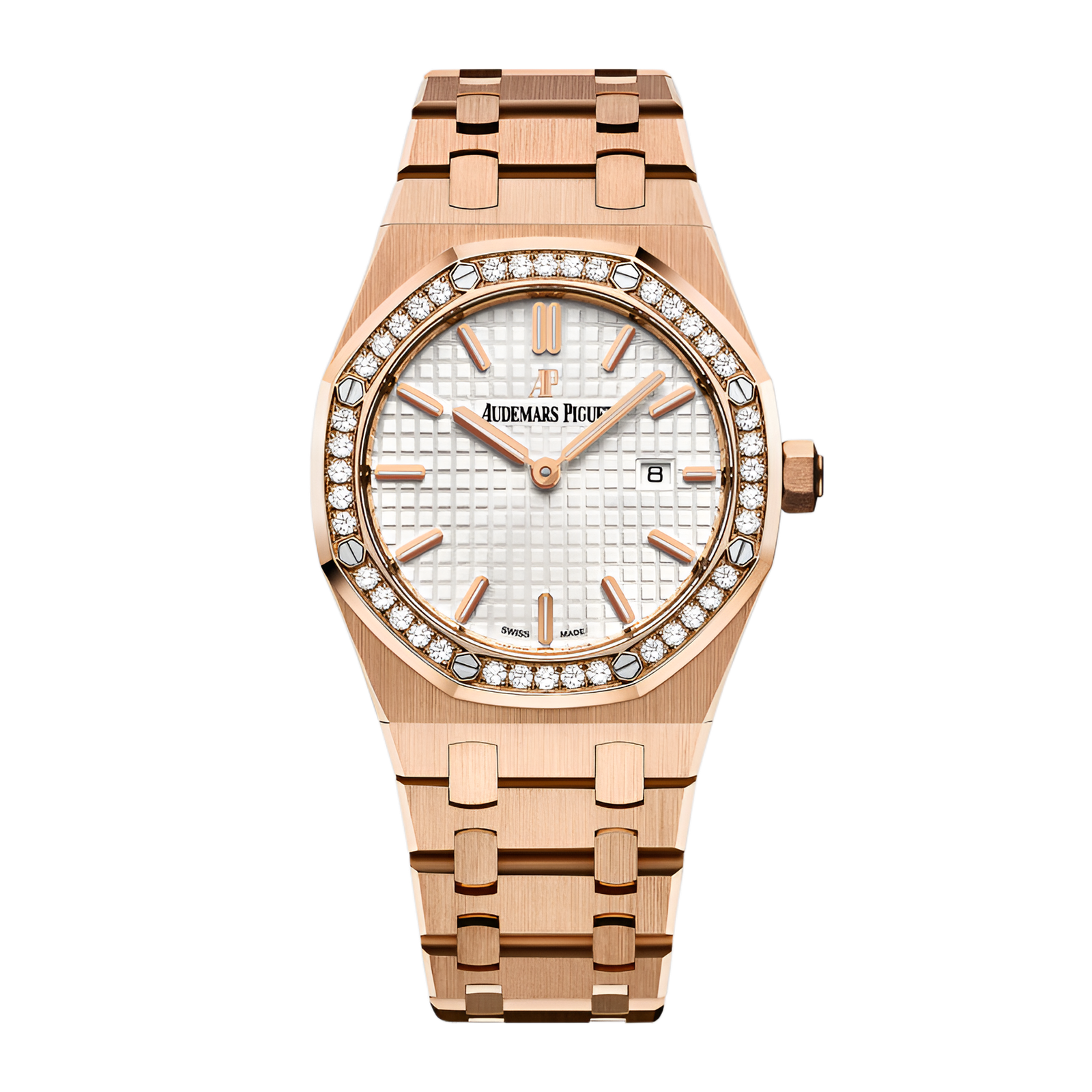 aedab9b9f33605c8dbd8bdc608b3d463.png Royal Oak Rose Gold Diamond Silver Dial 33mm - Image 1