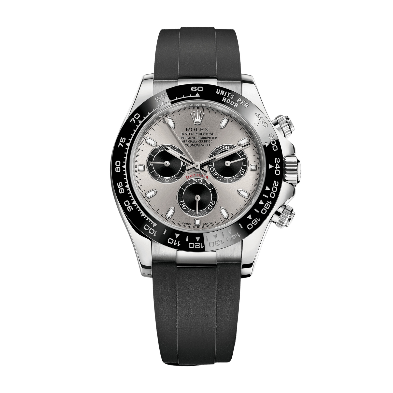 da01a799a9e0b2fa9b4effd1c537235d.png Daytona White Gold Oysterflex Silver Dial 40mm - Image 1